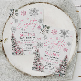 冬の80誕生日招待状、ピンクの冬 招待状