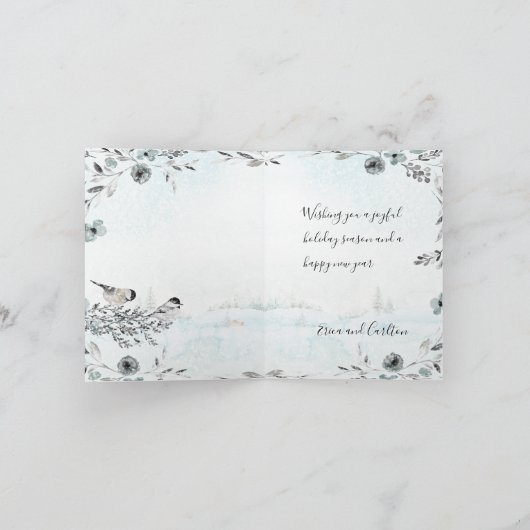 冬の《鳥》アメリカゴガラ鳥ほこりっぽいブルーメリークリスマス シーズンカード (内部)