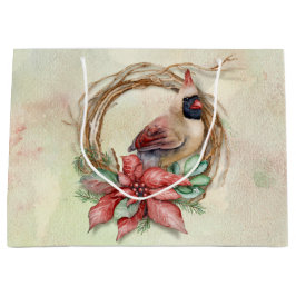 冬の（鳥）ショウジョウコウカンチョウとポインセチア ラージペーパーバッグ