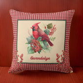 冬の（鳥）ショウジョウコウカンチョウと果実とギンガムモノグラム クッション