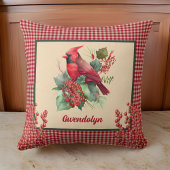冬の(鳥)ショウジョウコウカンチョウと果実とギンガムモノグラム クッション