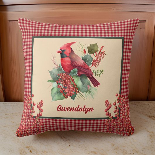冬の（鳥）ショウジョウコウカンチョウと果実とギンガムモノグラム クッション