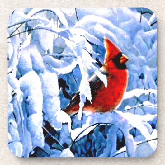冬の（鳥）ショウジョウコウカンチョウに赤い雪 コースター (正面)