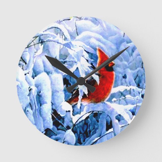 冬の(鳥)ショウジョウコウカンチョウに赤い雪 ラウンド壁時計 (正面)