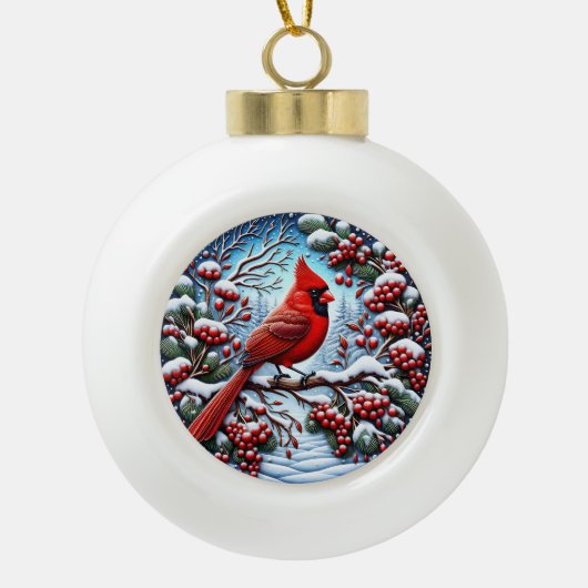 冬の（鳥）ショウジョウコウカンチョウの歌" -フェスティバル自然デコール セラミックボールオーナメント (正面)