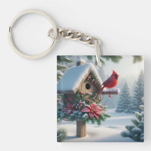 冬の（鳥）ショウジョウコウカンチョウオンフェスティバルバードハウス キーホルダー (正面)