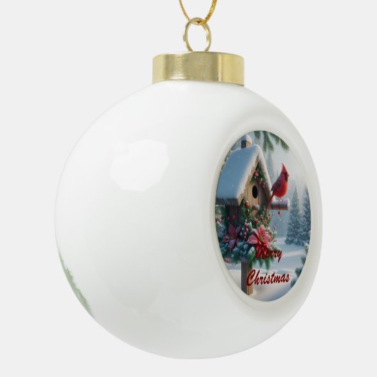 冬の(鳥)ショウジョウコウカンチョウオンフェスティバルバードハウス セラミックボールオーナメント (左)