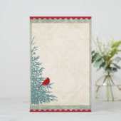 冬の(鳥)ショウジョウコウカンチョウツリーヴィンテージダマスクレッド金ゴールド 便箋 (スタンド正面)