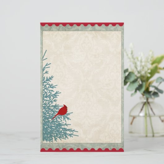 冬の（鳥）ショウジョウコウカンチョウツリーヴィンテージダマスクレッド金ゴールド 便箋 (スタンド正面)
