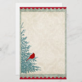 冬の(鳥)ショウジョウコウカンチョウツリーヴィンテージダマスクレッド金ゴールド 便箋 (正面/裏面)