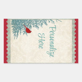 冬の（鳥）ショウジョウコウカンチョウツリーヴィンテージダマスクレッド金ゴールド 長方形シール