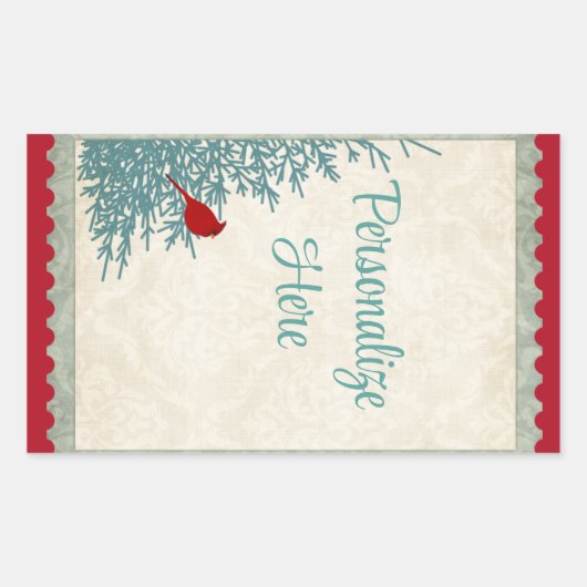 冬の(鳥)ショウジョウコウカンチョウツリーヴィンテージダマスクレッド金ゴールド 長方形シール (正面)