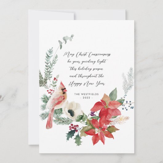 冬の（鳥）ショウジョウコウカンチョウレッドポインセティアスグリーンリーリース シーズンカード (正面)