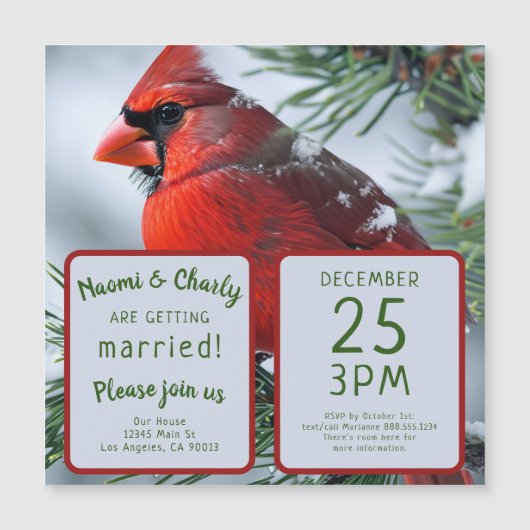 冬の（鳥）ショウジョウコウカンチョウ鳥RIPメモリアルクリスマスパーティー マグネット招待状 (正面)