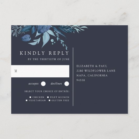 冬のAzure |植物性食事の選択ウェディングRSVP インビテーションポストカード (裏面)