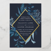 冬のAzure |青い水色の葉結婚の色 箔招待状 (正面)