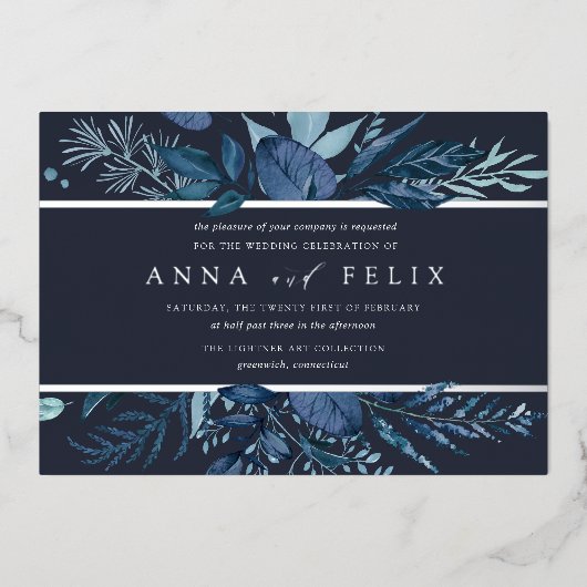 冬のAzure | Blue Botanical 結婚's 箔招待状 (正面)
