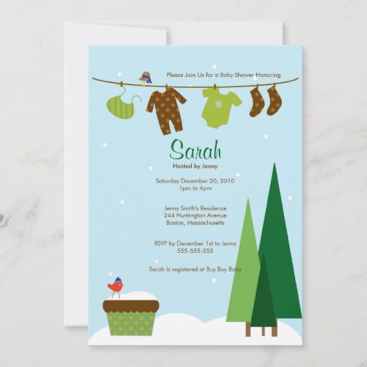 冬のClotheslineのベビーシャワーの招待 招待状 (正面)