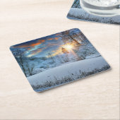 冬のforest湖上の日没 スクエアペーパーコースター (アングル)