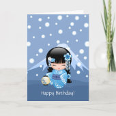 冬のKokeshiの人形-ハッピーバースデーの芸者女の子 カード (正面)