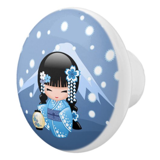 冬のKokeshiの人形-青い山の芸者女の子 セラミックノブ (右)