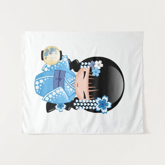 冬のKokeshiの人形-青い着物の芸者女の子 タペストリー (正面(横))