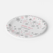 冬のOnderlandのピンクの銀製の雪片の誕生日 ペーパープレート (アングル)