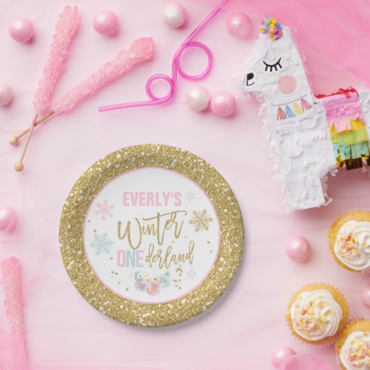 冬のONEderlandのピンクおよび金ゴールドの紙皿 ペーパープレート (パーティー)