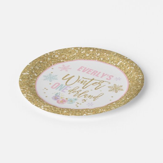 冬のONEderlandのピンクおよび金ゴールドの紙皿 ペーパープレート (アングル)