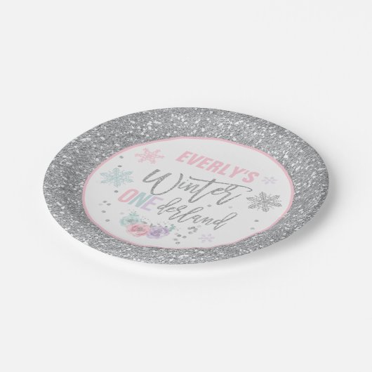 冬のONEderlandのピンクおよび銀製の紙皿 ペーパープレート (アングル)
