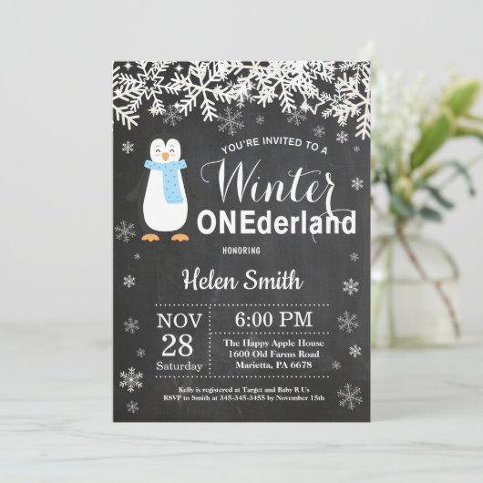 冬のOnederlandのペンギンの男の子の第1誕生日 招待状 (スタンド正面)
