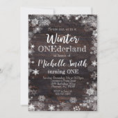 冬のONEderlandの招待状、素朴な第1誕生日 招待状 (正面)