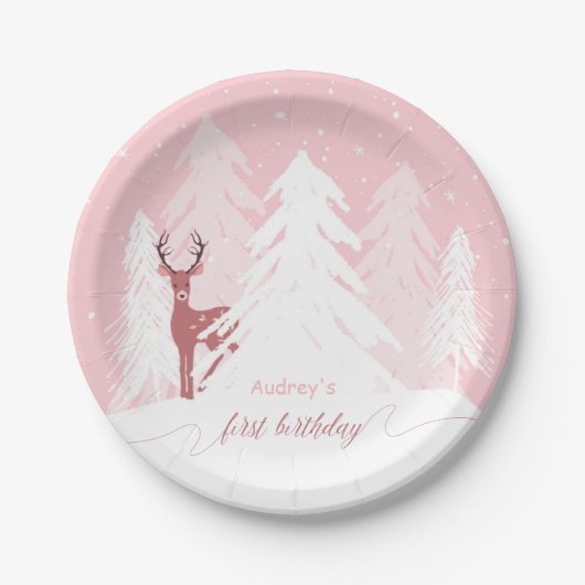 冬のOnederlandの最初誕生日のピンクの紙皿 ペーパープレート (正面)