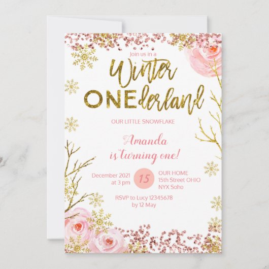 冬のONEderlandの最初誕生日の招待状のピンク 招待状 (正面)