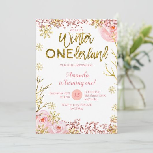 冬のONEderlandの最初誕生日の招待状のピンク 招待状 (スタンド正面)