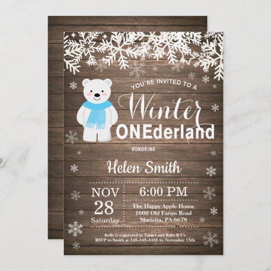 冬のOnederlandの白くまの男の子の第1誕生日 招待状 (正面/裏面)