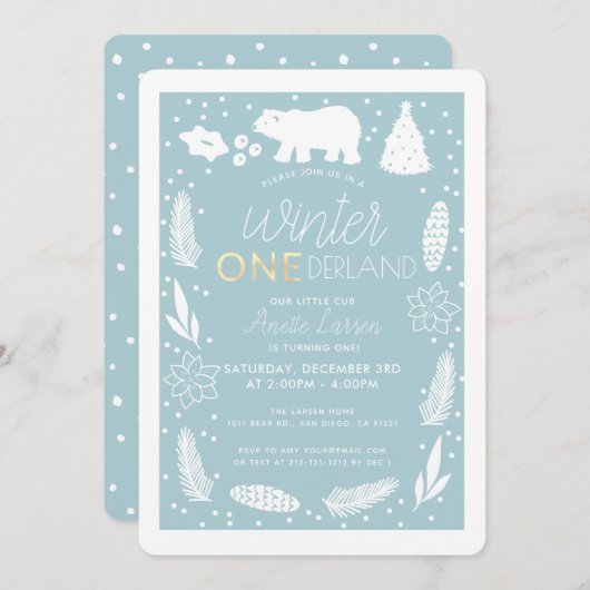 冬のONEderlandの白くまの誕生日の招待状 シーズンカード (正面/裏面)