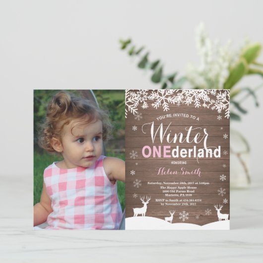 冬のOnederlandの素朴な女の子の第1誕生日の写真 招待状 (スタンド正面)