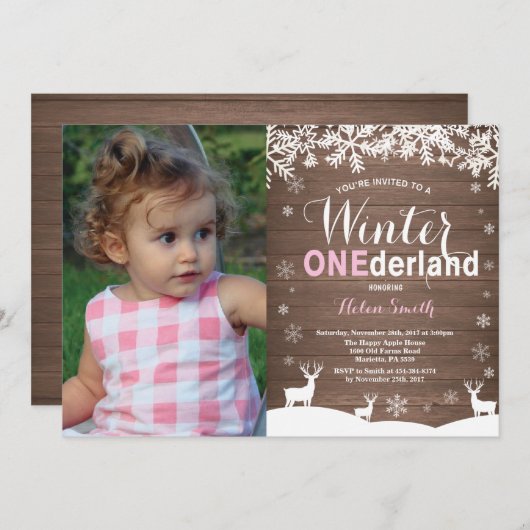 冬のOnederlandの素朴な女の子の第1誕生日の写真 招待状 (正面/裏面)