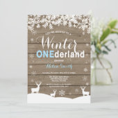 冬のOnederlandの素朴な木製の男の子の第1誕生日 招待状 (スタンド正面)