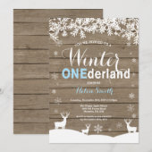 冬のOnederlandの素朴な木製の男の子の第1誕生日 招待状 (正面/裏面)