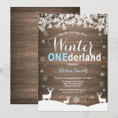 冬のOnederlandの素朴な木製の男の子の第1誕生日 招待状 (正面/裏面)