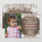 冬のOnederlandの素朴な男の子の第1誕生日の写真 招待状 (正面/裏面)