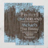 冬のOnederlandの素朴な男の子の第1誕生日 招待状 (正面/裏面)