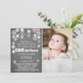 冬のOnederlandの誕生会の招待のミントのピンク 招待状 (スタンド正面)