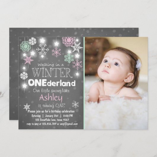 冬のOnederlandの誕生会の招待のミントのピンク 招待状 (正面/裏面)