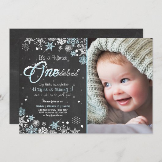 冬のOnederlandの誕生会の招待の青い白 招待状 (正面/裏面)