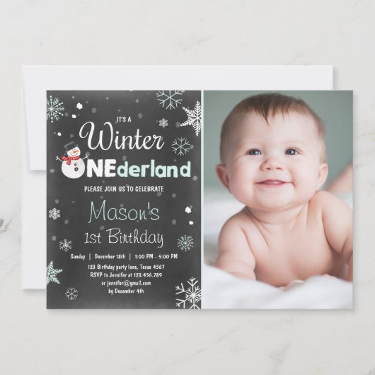 冬のOnederlandの誕生会の雪だるまのミントの青 招待状 (正面)