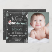 冬のOnederlandの誕生会の雪だるまのミントの青 招待状 (正面/裏面)