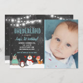 冬のONEderlandの誕生日のパーティの招待状の青 招待状 (正面/裏面)